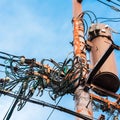 Electric pole with wires against the blue sky, Kyoto, Japan. Copy space for text. Royalty Free Stock Photo