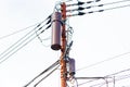 Electric pole with wires against the blue sky, Kyoto, Japan. Copy space for text. Royalty Free Stock Photo