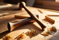 Craftsman\'s Tools Wooden mallets and shiny spikes on sunlit wood. AI Generated Royalty Free Stock Photo