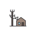 Electric poles line and house filled outline icon