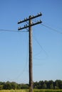 Electric post power pole. Wire breakage after hurricane. Broken power line.