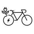Electric Power Bicycle Line Icon. Green Energy Eco Bike with Leaf Linear Pictogram. Eco Friendly Electricity Sport Royalty Free Stock Photo