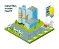 Electric power factory. Industrial electricity plant or station energy buildings vector 3d isometric pictures