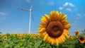 Electric power generating wind turbines working on a sunflower field at sunny windy day. Concept of renewable energy Royalty Free Stock Photo