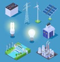 Electric power isometric icons. Energy generator, solar panels and thermal power plant, hydropower station. Electrical Royalty Free Stock Photo