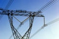 Electric power lines against blue clear sky