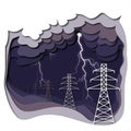 Electric power lines and lightning on dark purple cloudy background.