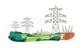 Electric power lines transmitting electricity to city. High voltage transmission cables, suspended wires, towers