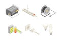 Electric Power Objects with Accumulator, Plug and Socket, Battery and Lightbulb Isometric Vector Set