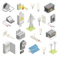 Electric Power Objects with Breaker Box, Socket, Accumulator and Lightbulb Isometric Big Vector Set