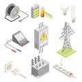 Electric Power Objects with Breaker Box, Socket and Lightbulb Isometric Vector Set