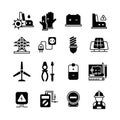 Electric power plant, electricity, electronic tools vector icons Royalty Free Stock Photo