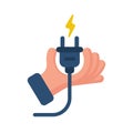 Electric power plug holding in hand. Unplug, plugged. Vector. Royalty Free Stock Photo