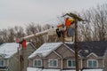 Electric power pole. Wire breakage after snow storm hurricane. Broken power line