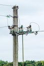 Electric power pole with wire close-up. Wire line in electrical resistance of power supply for residential buildings Royalty Free Stock Photo