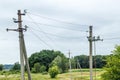 Electric power pole with wire close-up. Wire line in electrical resistance of power supply for residential buildings Royalty Free Stock Photo