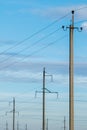 Electric power pole with wire close-up. Wire line in electrical resistance of power supply for residential buildings Royalty Free Stock Photo