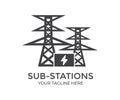 Electric power substation, sub-station with power lines and transformers logo design. High voltage power substation. Royalty Free Stock Photo