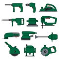 Electric power tools. Set of vector icons and illustration. Construction, repair and building. Drill, screwdriver, planer. Royalty Free Stock Photo