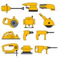 Electric power tools. Set of vector icons and illustration. Construction, repair and building. Drill, screwdriver, planer. Royalty Free Stock Photo