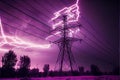 Electric power tower silhouette with lightning strikes in the evening