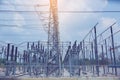 Electric power transmission lines, High voltage power transformer substation Royalty Free Stock Photo