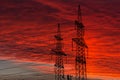 Electric power transmission lines at sunset. Royalty Free Stock Photo