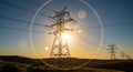 Electric Power Transmission Tower in Sunset Landscape Royalty Free Stock Photo