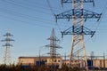 Electric powerlines on electric substation and distribution power. High voltage power lines, pylons