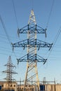 Electric powerline on electric substation and distribution power. High voltage power lines, pylons against blue sky Royalty Free Stock Photo