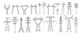 Electric pylon silhouette. High voltage electric line, power transmission pole types and energy network towers vector