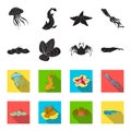 Electric ramp, mussels, crab, sperm whale.Sea animals set collection icons in black,flet style vector symbol stock