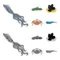 Electric ramp, mussels, crab, sperm whale.Sea animals set collection icons in cartoon,monochrome style vector symbol