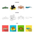 Electric ramp, mussels, crab, sperm whale.Sea animals set collection icons in cartoon,outline,flat style vector symbol