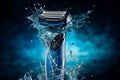 Electric Razor on Blue Background with Water Splashes. AI Royalty Free Stock Photo