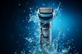 Electric Razor on Blue Background with Water Splashes. AI Royalty Free Stock Photo