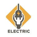 Electric repair and electrician service and works isolated icon vector thunder and light bulb