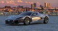 Electric Rimac C 2 car from a Croatian manufacture illuminated by the light of port cranes