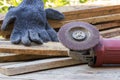 Electric sandpaper tool on wooden table