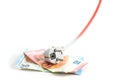 Electric schuko plug lying on euro banknotes, the cable is rising and turns to red, symbol of increasing energy costs, isolated on Royalty Free Stock Photo