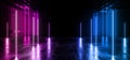 Electric Sci Fi Neon Tunnel Corridor Catwalk Laser Futuristic Pantone Purple Blue Classic Glowing Pillars Lines Garage Underground