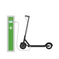 Electric scooter charging at charge station. Ecological city transport. Flat design.