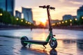 Electric scooter in the city at sunset. Eco transport concept, A generic electric scooter, a futuristic mobility solution for