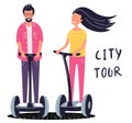 Electric scooter city tour concept. Boy and girl use eco transport for traveling. Active leisure. Vector illustration