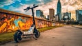 Electric Scooter With Graffiti Against City Background