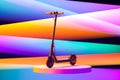 Electric Scooter On Multicolored Background And Pink Showcase. Eco Alternative Transport. 3d rendering. Minimalism Royalty Free Stock Photo