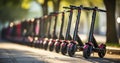 Electric scooters waiting at the curb ready to be rented and driven away. Electric urban transportation. Generative AI Royalty Free Stock Photo