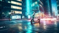 Electric scooters weaving through a futuristic city