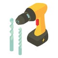 Electric screwdriver icon isometric vector. Yellow screwdriver metal drill bit