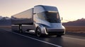 Electric semi truck driving on the road at sunset, AI-generated.